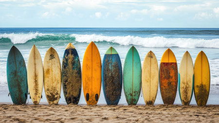 A row of surfboards lined up on the beach, with waves crashing in the ocean behind them.の素材