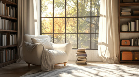A stylish bedroom with a cozy reading nook by the window, complete with a comfortable armchair, throw blanket, and stack of books.の素材
