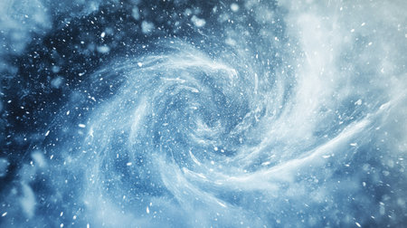A snowstorm in motion, with swirling snowflakes and wind creating a dynamic, cold atmosphere of movement.の素材