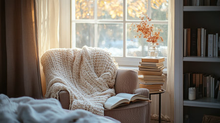 A stylish bedroom with a cozy reading nook by the window, complete with a comfortable armchair, throw blanket, and stack of books.の素材