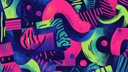 A playful mix of neon pink, blue, and green shapes, forming a lively abstract design full of energy and contrast.の素材