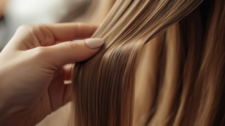 A stylists hands carefully placing hair extensions, blending them seamlessly into a clients natural hair.の素材