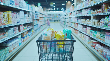 A shopping cart filled with groceries and household products, pushing through the aisles of a large supermarket.の素材