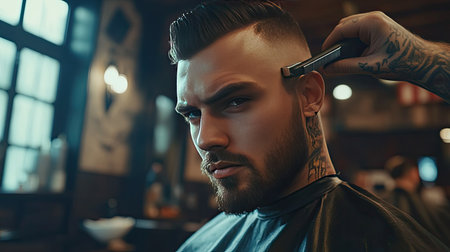A stylist holding clippers, carefully trimming the sides of a male client's hair for a fresh fade.の素材