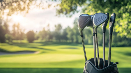A set of golf clubs standing in a sleek golf bag, with a picturesque green golf course in the background.の素材