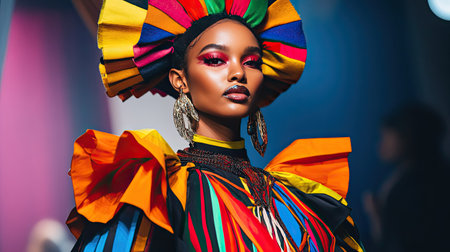 A runway model strutting in a bold, colorful outfit with exaggerated sleeves, paired with high-fashion accessories and dramatic makeup.の素材