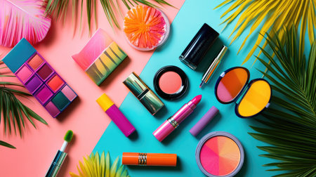 A vibrant flat-lay of summer-inspired makeup products including bright lipsticks, neon eyeshadows, and fun packaging.の素材