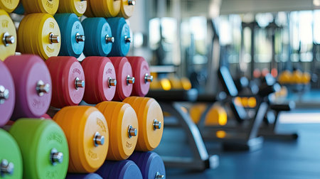 A stack of colorful dumbbells neatly arranged in a gym, with weightlifting machines in the background.の素材