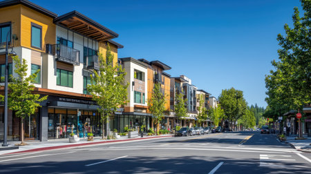 A street-level view of a trendy, urban apartment building with retail spaces on the ground floor in a lively downtown area.の素材