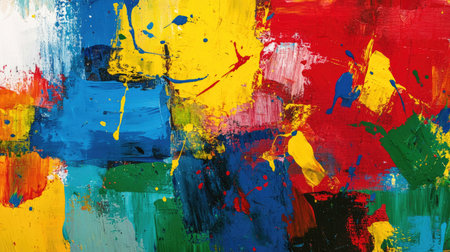 Bright splashes of paint in red, blue, yellow, and green, creating a bold and playful abstract composition.の素材