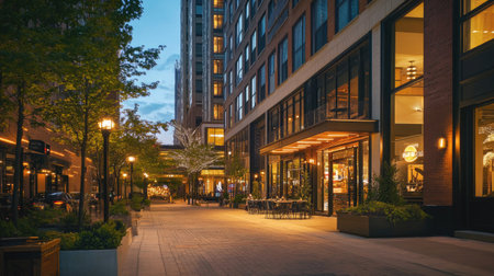 A street-level view of a trendy, urban apartment building with retail spaces on the ground floor in a lively downtown area.の素材