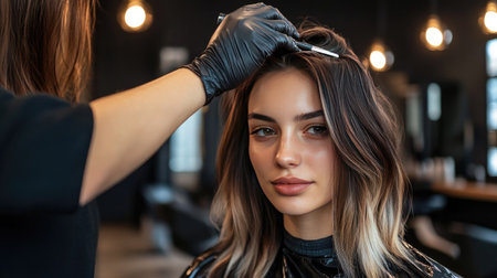 A stylist wearing gloves while applying balayage to a clients hair in a trendy, high-end salon.の素材