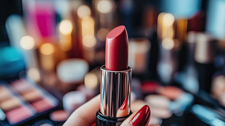 Close-up of a glossy lipstick tube being opened by a hand, set against a backdrop of blurred makeup products.の素材