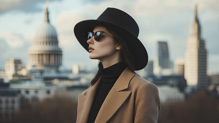 A woman in a tailored coat and wide-brimmed hat, standing in front of an iconic city landmark, evoking travel and style.の素材