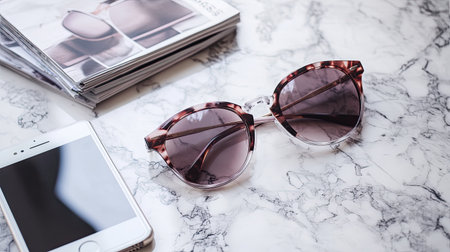 A trendy flat-lay featuring a pair of designer sunglasses, a smartphone, and a stack of fashion magazines on a marble surface.の素材