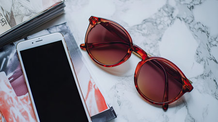 A trendy flat-lay featuring a pair of designer sunglasses, a smartphone, and a stack of fashion magazines on a marble surface.の素材