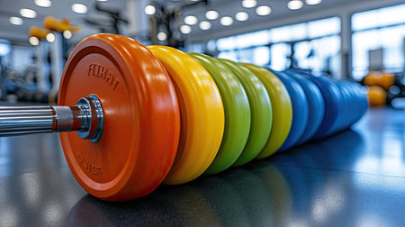 A stack of colorful dumbbells neatly arranged in a gym, with weightlifting machines in the background.の素材