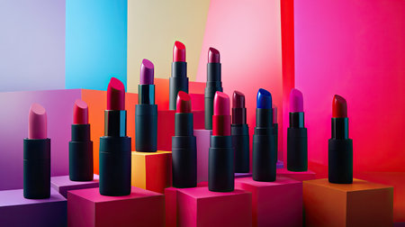 An artfully arranged display of bold, matte lipsticks in various colors, with vibrant, colorful backgrounds for contrast.の素材
