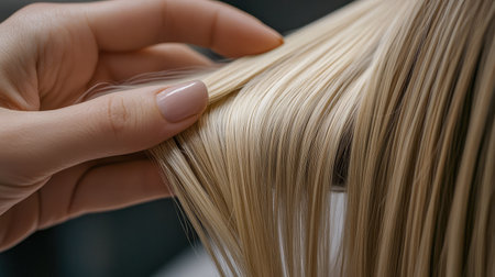 A stylists hands carefully placing hair extensions, blending them seamlessly into a clients natural hair.の素材