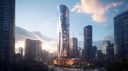 A sleek, futuristic downtown tower rising high above the other buildings, showcasing cutting-edge architecture.の素材