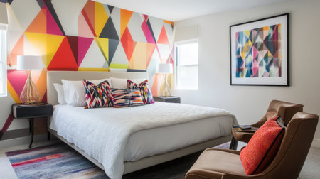 A trendy bedroom with colorful geometric wallpaper behind the bed, contrasting with neutral furniture and bold accent pillows.の素材