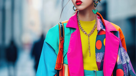 A street-style shot of a woman in a bold, color-blocked outfit, accessorized with chunky jewelry and a crossbody bag.の素材