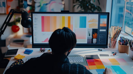A designer adjusting typography options for a brand identity on a large screen, with color swatches and sketches scattered on the desk.の素材