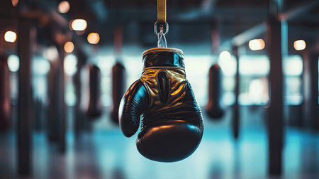 A shiny pair of boxing gloves hanging from a hook in a boxing gym, with punching bags in the background.の素材