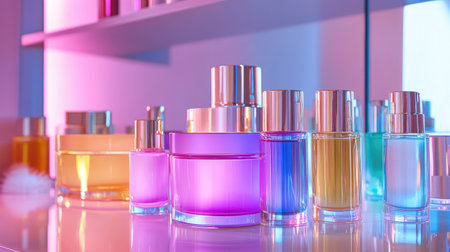 Shiny, colorful packaging of skincare products arranged on a vanity, reflecting consumer focus on self-care and luxury.の素材