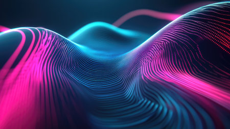 Abstract glowing lines of pink, blue, and green intersecting and curving to form a futuristic digital design.の素材