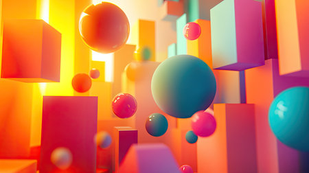 Multi-colored 3D shapes floating in space, casting shadows and interacting with light in an abstract, futuristic scene.の素材