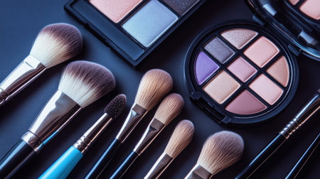 High-angle view of various makeup brushes neatly arranged alongside an open compact powder and eyeshadow palette.の素材