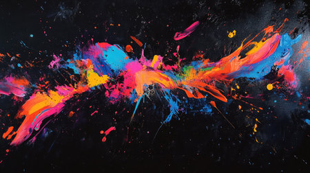 Bold splashes of neon colors spreading across a dark canvas, creating high-contrast abstract energy.の素材