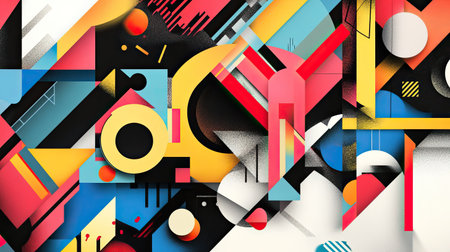 A vibrant combination of geometric shapes and bold colors creating a chaotic yet captivating abstract design.の素材