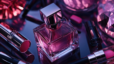 Close-up of a luxury brand perfume bottle surrounded by matching makeup items such as lipstick and mascara, evoking a sense of elegance.の素材
