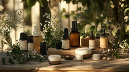 An assortment of eco-friendly, organic skincare and cosmetic products displayed on a wooden surface with soft lighting.の素材