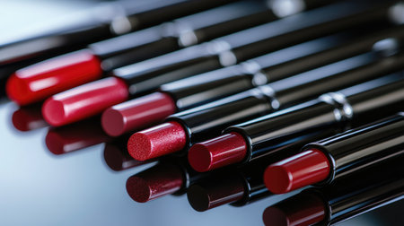 Lip gloss tubes and brushes arranged in a neat and stylish manner on a reflective surface, emphasizing their glossiness and shine.の素材