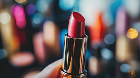 Close-up of a glossy lipstick tube being opened by a hand, set against a backdrop of blurred makeup products.の素材