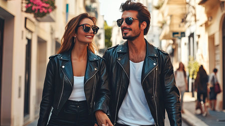 A well-dressed couple walking hand-in-hand through a city street, both wearing matching leather jackets and fashionable sunglasses.の素材