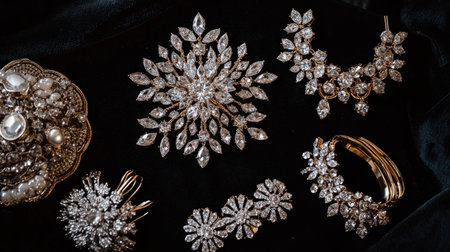 A glamorous flat lay of chandelier earrings, crystal bracelets, and statement rings, set against a black velvet background for a dramatic effect.の素材