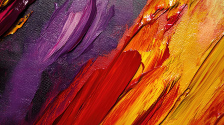 Abstract paint strokes of red, orange, yellow, and purple on a textured surface, giving a vibrant, fiery feeling.の素材