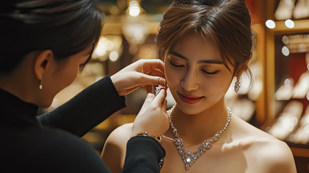 A woman in a luxury store trying on an expensive necklace, with a sales assistant helping her with the clasp.の素材