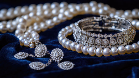 An elegant arrangement of pearl necklaces, diamond earrings, and silver bangles, set against a navy blue velvet fabric.の素材
