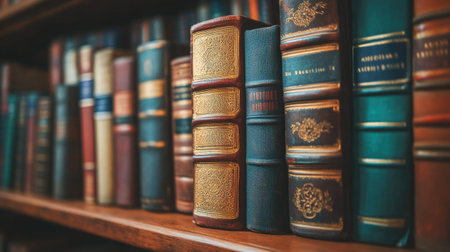 A close-up of a classic hardback book with gold lettering on the spine, sitting on a library shelf among other vintage books.の素材