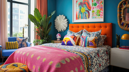 A vibrant bedroom with bright, colorful bedding, bold artwork, and eclectic decor elements, creating an energetic and creative spaceの素材