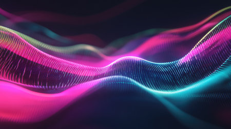 Abstract glowing lines of pink, blue, and green intersecting and curving to form a futuristic digital design.の素材