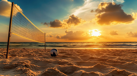A volleyball and net on a sandy beach, ready for a game as the sun sets in the background.の素材