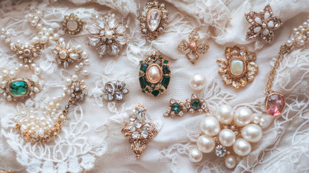 A collage of vintage brooches, pearl earrings, and gemstone rings laid out on a lace cloth, with a soft romantic feel.の素材
