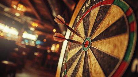 A close-up of a dartboard with darts neatly stuck in the bullseye in a lively pub setting.の素材