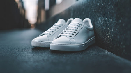 A close-up of sleek white sneakers with minimalist design, placed on a concrete floor, capturing modern urban footwear style.の素材